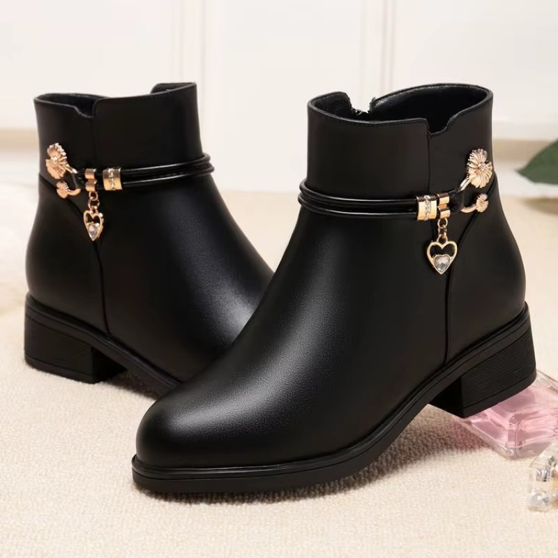 Bottes femme en cuir avec doublure coton doux pour l’hiver