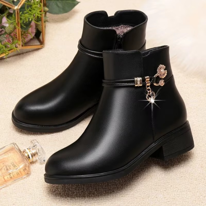 Bottes femme en cuir avec doublure coton doux pour l’hiver