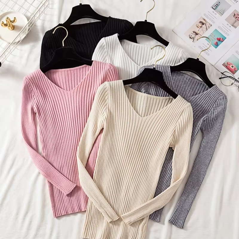 Pull femme basique à col en V