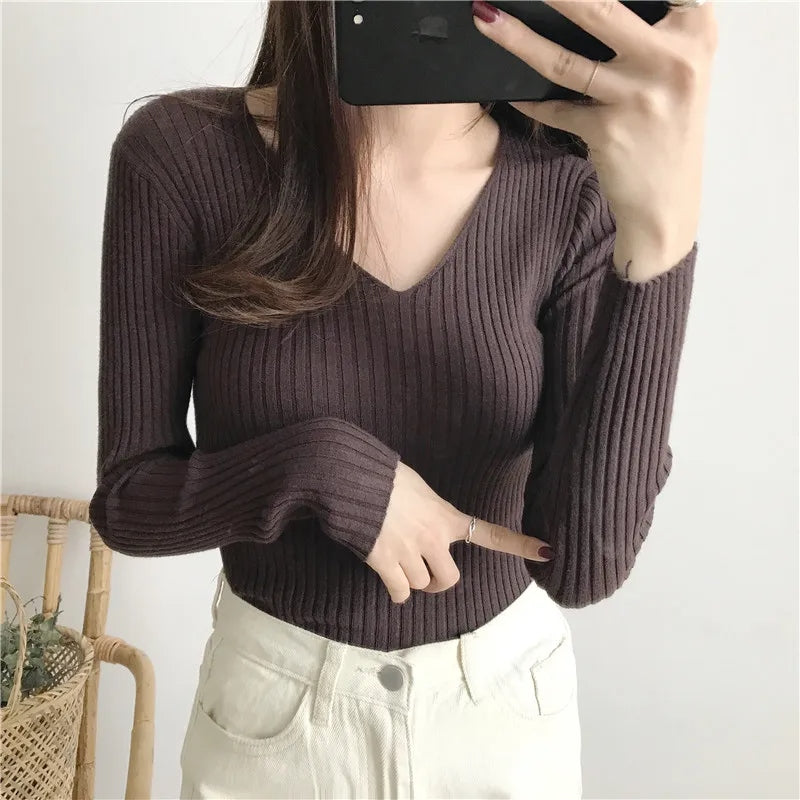 Pull femme basique à col en V