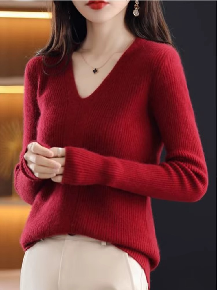 Pull femme basique en laine à col en V