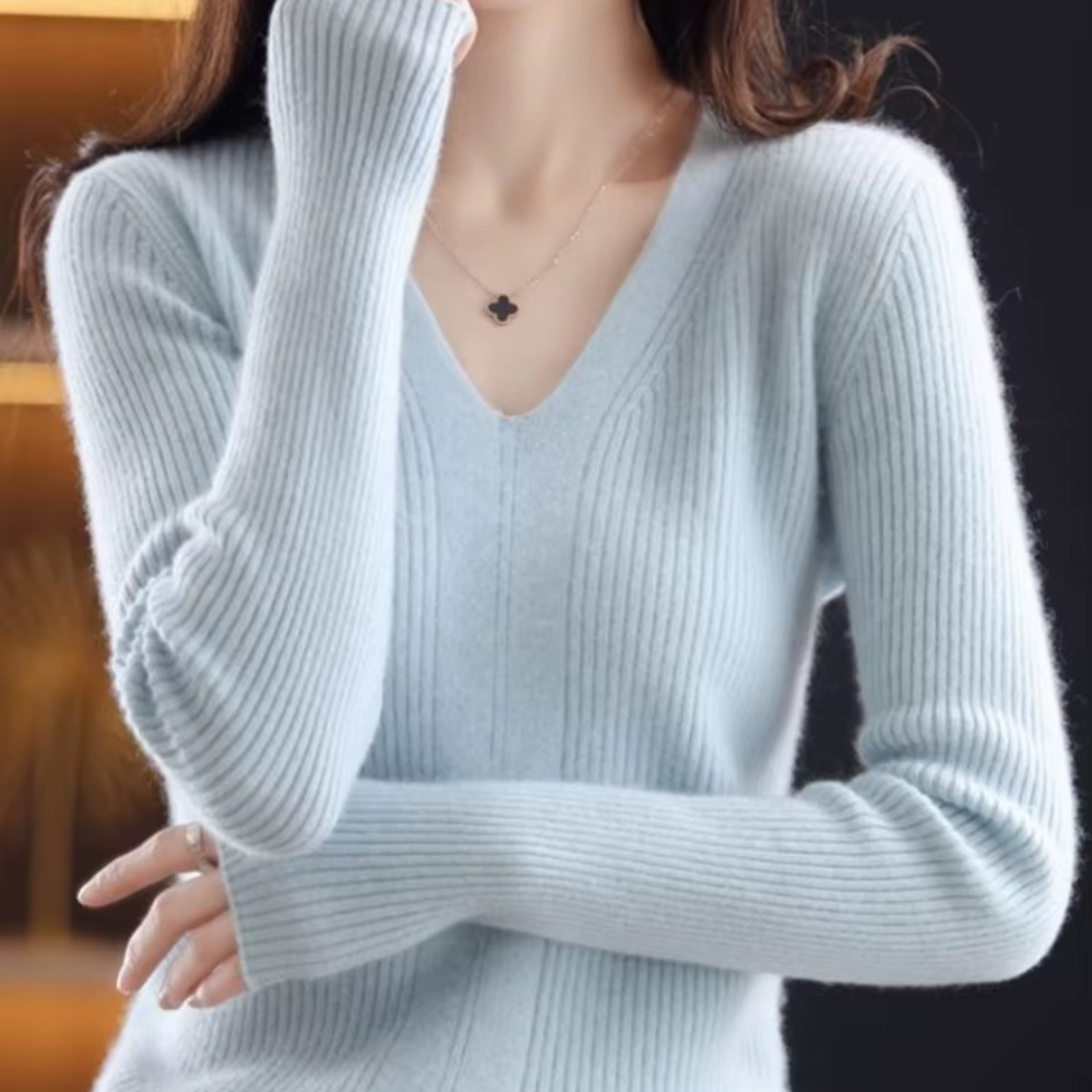 Pull femme basique en laine à col en V