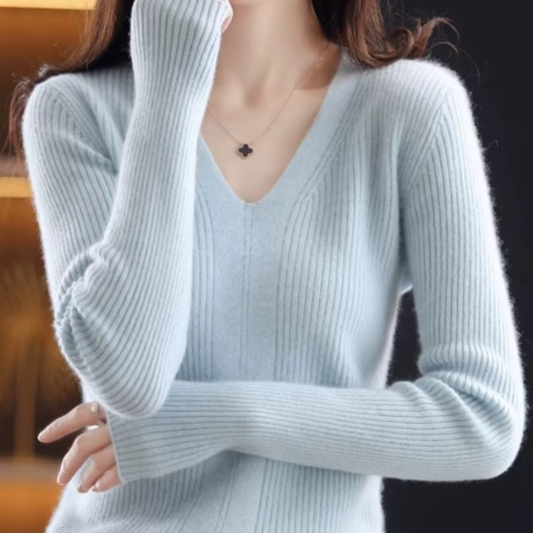 Pull femme basique en laine à col en V
