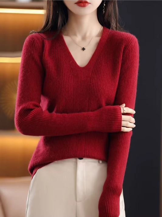 Pull femme basique en laine à col en V