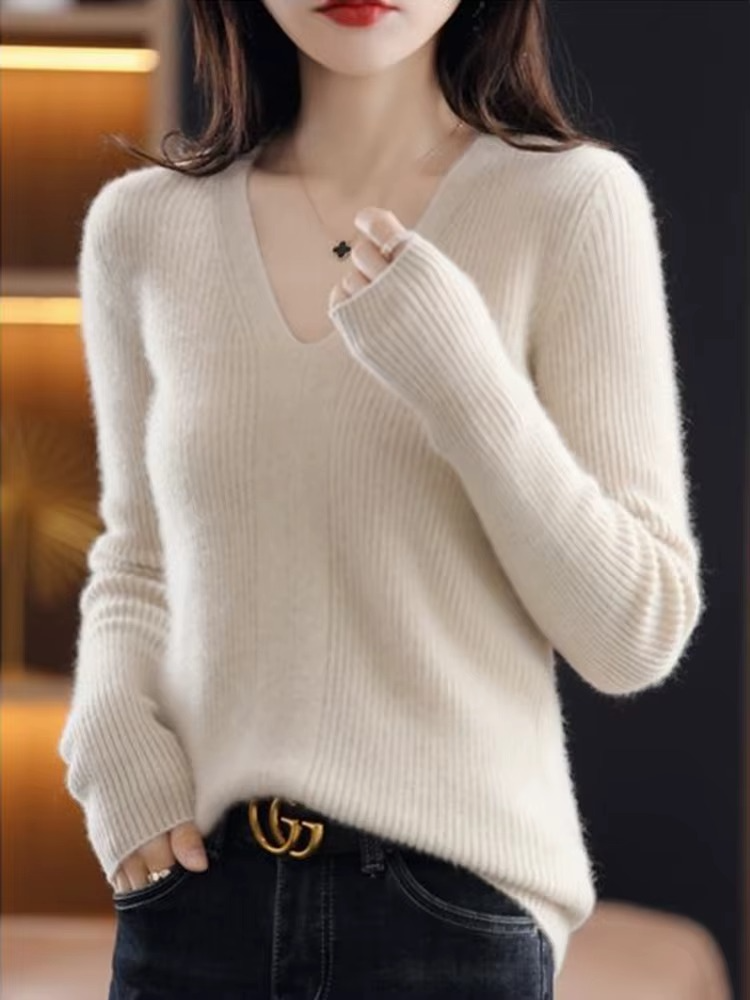 Pull femme basique en laine à col en V